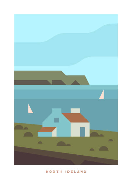 Travel around the UK Minimalistic Vector Travel Poster. Travel around the UK. Roadtrip. Nature of England. Trendy colorful style. North Ireland. The seashore with a lonely house and a rocky shore. essex england illustrations stock illustrations