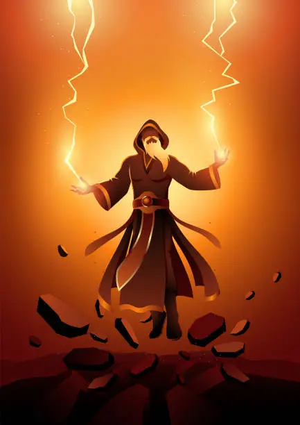 Vector illustration of Wizard casts enchanted powerful spell