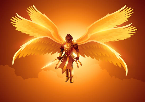 stockillustraties, clipart, cartoons en iconen met archangel with six wings holding a sword - serafijn
