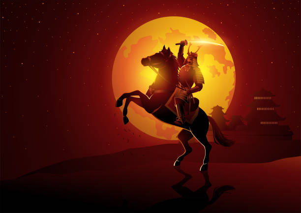 ilustrações de stock, clip art, desenhos animados e ícones de samurai general on horseback with full moon on the background - feudalism