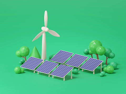 3d render of solar panels and wind turbine.