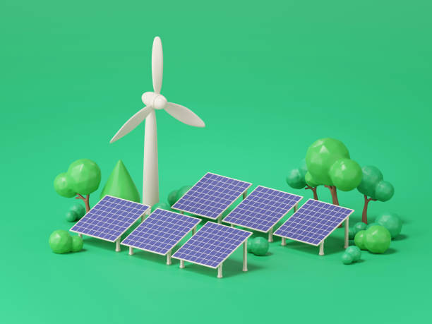 3d render of solar panels and wind turbine. - fuel and power generation wind turbine solar panel alternative energy imagens e fotografias de stock