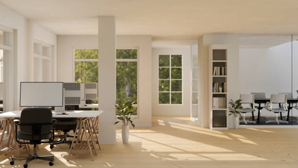 istock Modern contemporary minimal office coworking space interior design with a row of workstation 1419810526