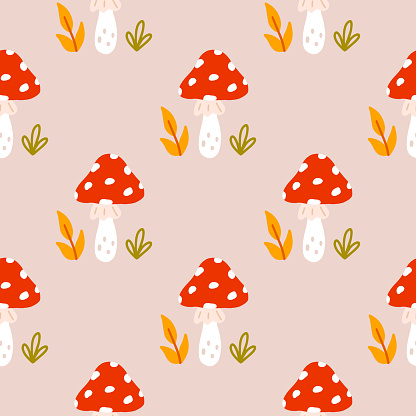 Cute fly agaric in flat style, vector seamless pattern.