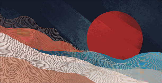 Illustration of line abstract desert illustration of line abstract mountains with blue and orange rough texture watercolor sunset stock illustrations