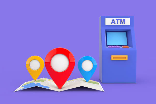 Business Technology Concept. Blue Cartoon Style ATM Deposit Machine and Folded Abstract Navigation Map with Three Target Map Pointer Pins on a purple background. 3d Rendering