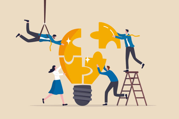 Team building, team collaboration for business idea, teamwork to solve problem, strategy plan to work together for success concept, businessmen and businesswomen team up to solve lightbulb jigsaw. vector art illustration