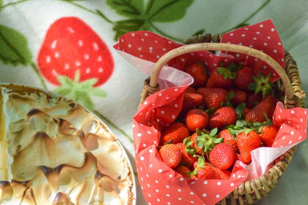 istock Cake and a strawberry basket on a blanket for a picnic 1419814730
