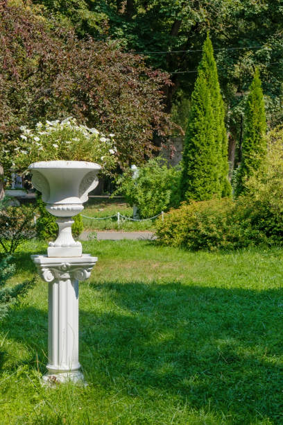 White antique ceramic vase with flowers on a column in a summer garden stock photo