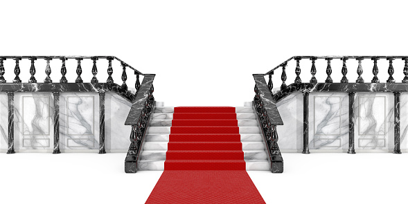 Palace, Castle, Theater Hall Interior Marble Stairs with Pillar, Columns and Red Carpet on a white background. 3d Rendering