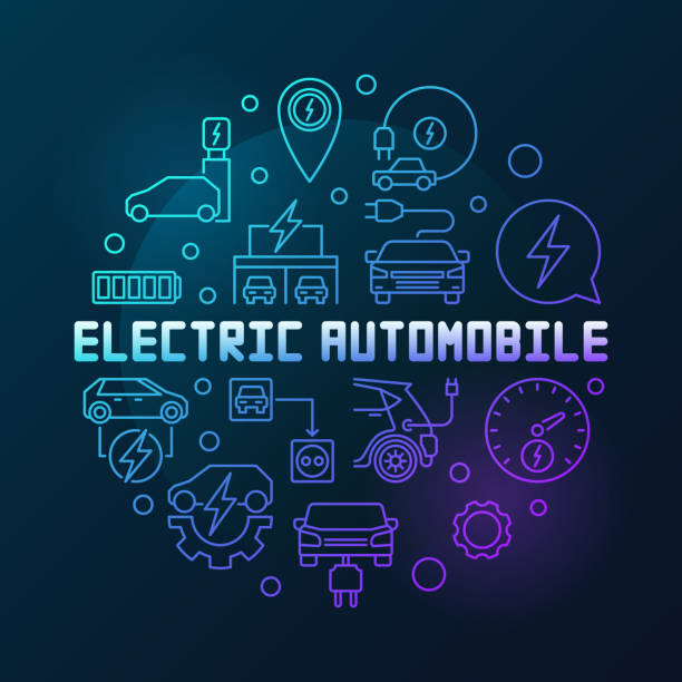 Electric automobile round vector colorful outline illustration Electric automobile round vector colorful illustration in thin line style on dark background electric plug dark stock illustrations
