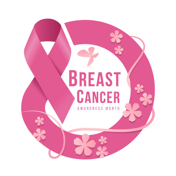 breast cancer awareness month text in pink ribbon roll circle frame with flower and butterfly flying around vector design - beast cancer awareness 幅插畫檔、美工圖案、卡通及圖標