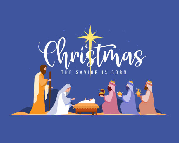 weihnachten der erlöser ist geboren banner mit der geburt christi jesu und drei weise in dunkler nacht mit stern am himmel hintergrund vektordesign - prayer position illustrations stock-grafiken, -clipart, -cartoons und -symbole