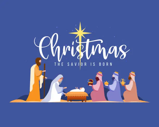Vector illustration of christmas the savior is born banner with Nativity of Jesus scene and Three wise men on dark night with star on sky background vector design