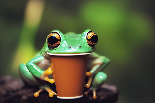 A cute frog drinking coffee with a blank space on cup for text or logo