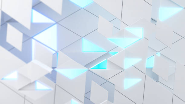Geometric shapes on white background,science and technology concept,blue neon light,3d rendering
