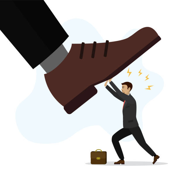 istock Big foot stepping on businessman. Fights against giant foot. Economic crisis. Mental problems, stress. Domination, power, concept banner. Cartoon male character. 1419823614