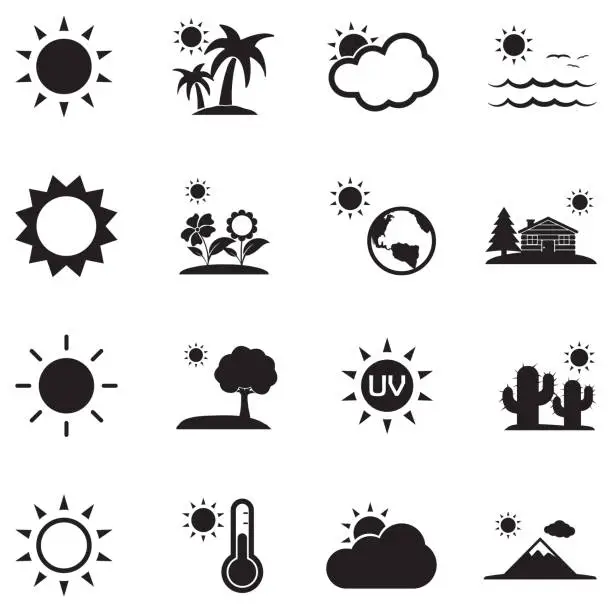 Vector illustration of Sun Icons. Black Flat Design. Vector Illustration.