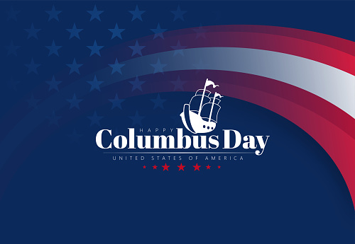 Happy Columbus Day banner with ship, telescope and waves