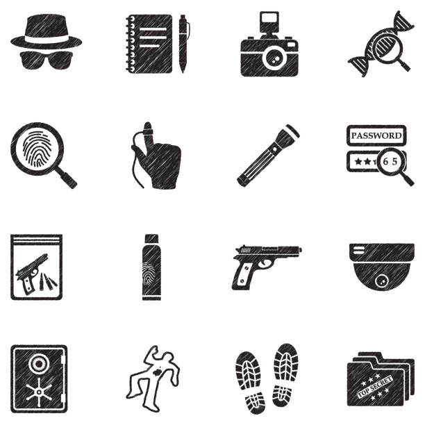 ilustraciones, imágenes clip art, dibujos animados e iconos de stock de iconos de detectives privados. diseño de garabato negro. ilustración vectorial. - detective inspector forensic science searching