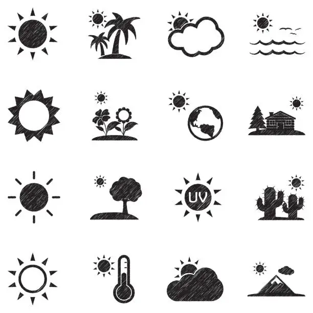 Vector illustration of Sun Icons. Black Scribble Design. Vector Illustration.