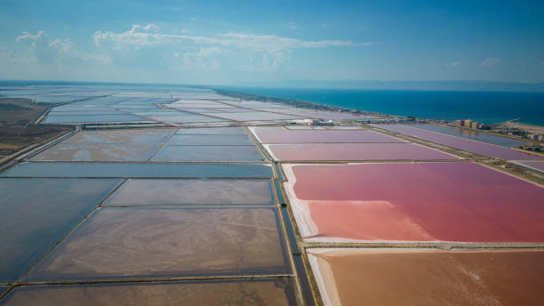 Aerial view of the salt pan in Margherita di Savoia, Apulia Salt pan in Margherita di Savoia, Apulia salt flat stock pictures, royalty-free photos & images