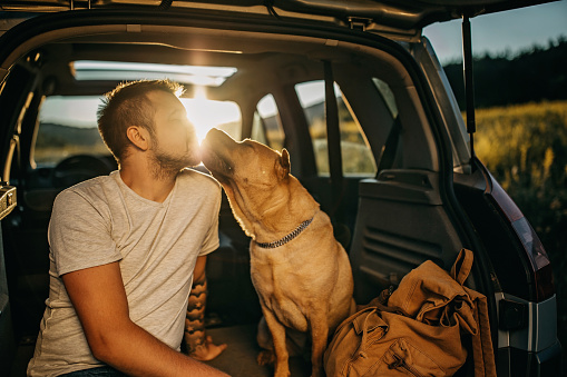 A man and his dog ready to travel