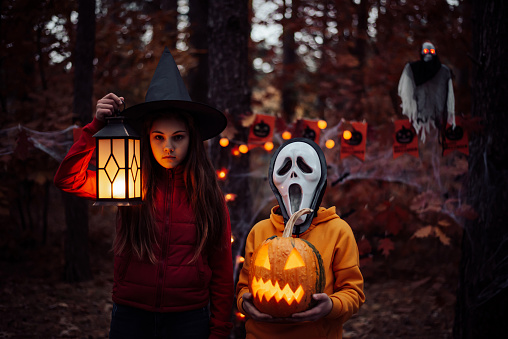 Autumn holiday decoration, jack-o-lantern, creepy mask, witch hat, ghost on the background.