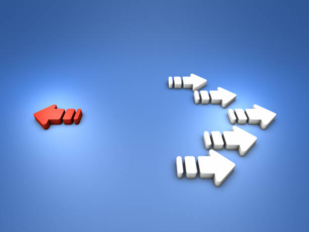 istock many arrows and goes in the opposite direction. Abstract concept representing minority against majority. cool blue background. 3D rendering. 1419832231