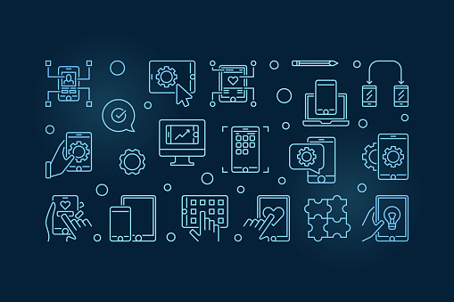App Development Images Blue Mobile App Development Blue Banner Vector Outline Illustration Stock ...