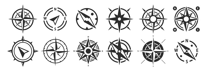 Compass Vector Icons Of North South East And West Direction Wind Rose