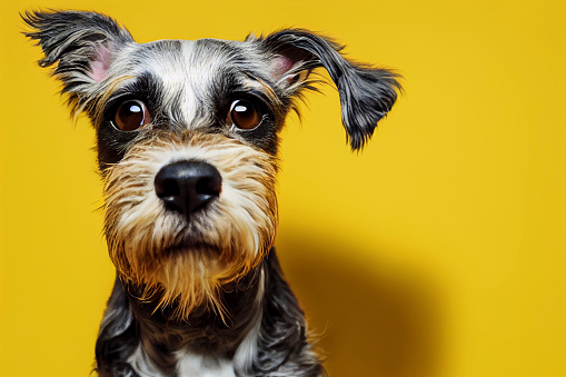 A cute worried looking dog with a yellow background