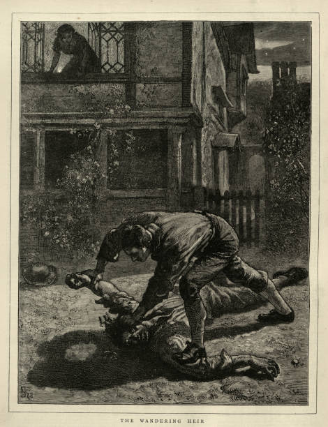 istock Two men fighting in street outside a woman's window, Victorian 19th Century 1419836488