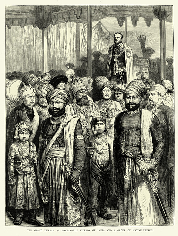 Vintage illustration Grand Durbar at Bombay, Viceroy of India and Indian Princes, 1870s, British Raj Victorian 19th Century.  1872