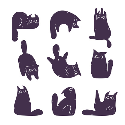 Set of Cute Black Cats doodles Set Isolated on White Background. Funny Cartoon Animal Character in different poses. Group of many black cats vector silhouette illustration isolated on white background.