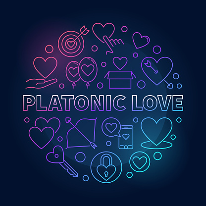 Platonic Love vector round colored outline illustration on dark background