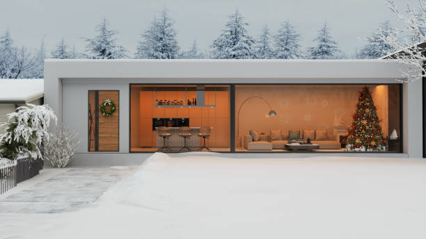 istock Luxury Villa Decorated With Christmas Tree, Gift Boxes And Ornaments. Building Facade With Snowy Garden 1419838663