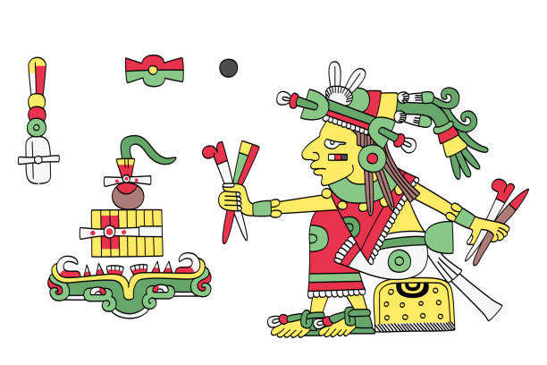 ilustrações de stock, clip art, desenhos animados e ícones de cinteotl, aztec god of maize, in front of the realm of the dead - manuscript