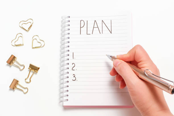 istock Female hand writes plan in a notebook on white background close-up. 1419839991