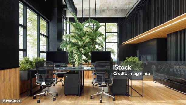 Sustainable Green Open Plan Office Space Stock Photo - Download Image Now - Office, Backgrounds, Dark