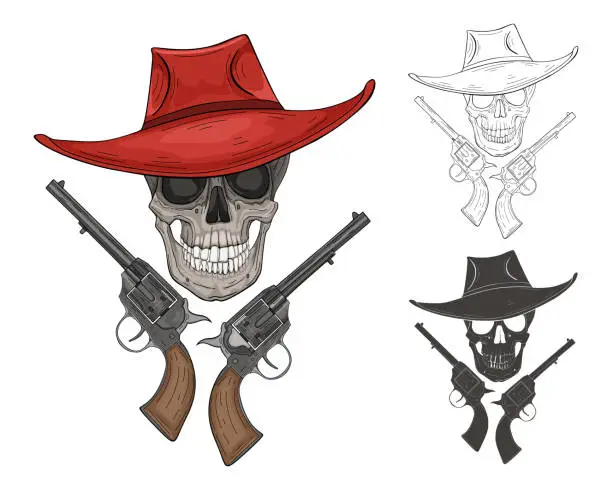 Vector illustration of Hand drawing of a skull with a hat and two pistols.