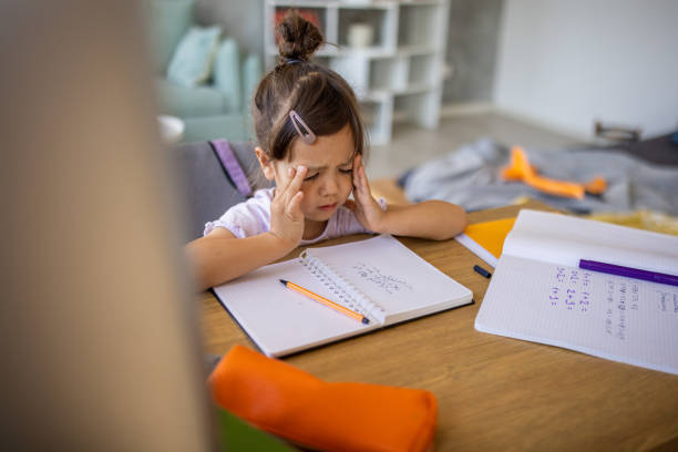 istock Little Japanese girl having headache while learning at home 1419842067