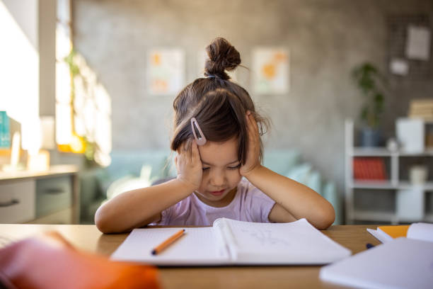 istock Little Japanese girl having headache while learning at home 1419843154