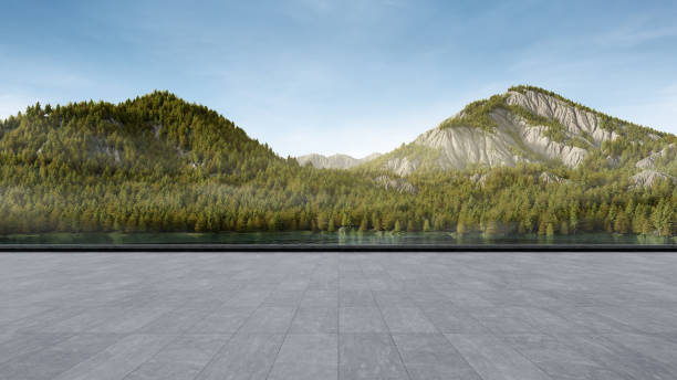 istock Empty concrete floor with mountain and blue sky lake view. 1419843338