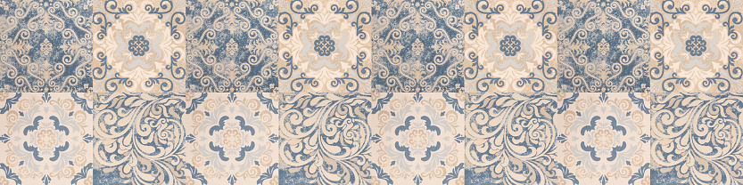Mosaic seamless pattern. Indigo symmetrical kaleidoscope background. Retro mosaic seamless design. Textile ready cute print, swimwear fabric, wallpaper, wrapping.