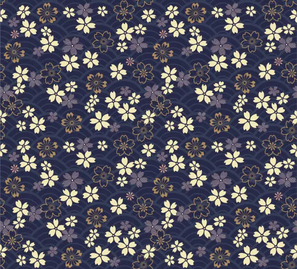 Vector illustration of Cherry blossom, Japanese floral textile pattern on blue background with seigaiha elements.