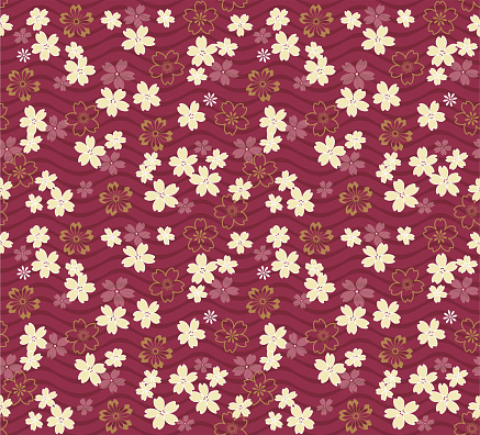 Cherry blossom, Japanese floral textile pattern on pink background with wave elements.