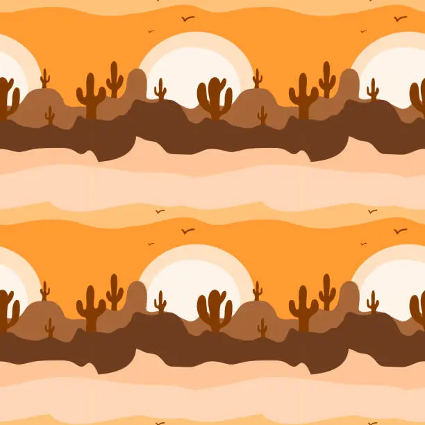 Vector illustration of Vector illustration wild west childish seamless pattern. Sunset in the wild west desert with cacti in flat cartoon style. Fashionable funny pattern of cowboys,Navaja in the countryside.