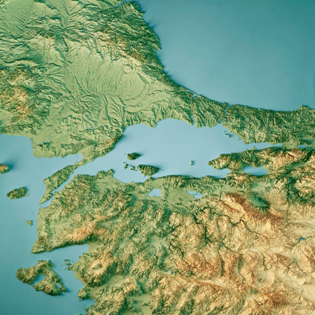 mar di marmara 3d render mappa topografica a colori - dardanelles foto e immagini stock