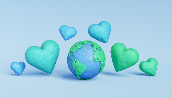 3D illustration of vivid hearts surrounding Earth as symbol of love and care of ecological planet future against blue background